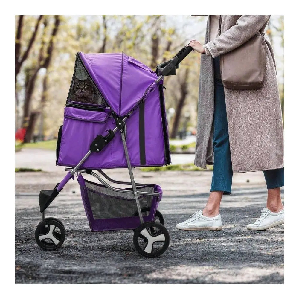 Dog Stroller With Weather Cover, 3 Wheels ,Storage Basket, & Cup Holder