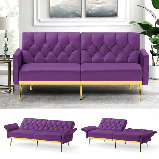 Sofa Bed w Adjustable Armrests and Backrests, Tufted Futon Sofa for Bedroom, Living Room, Apartment
