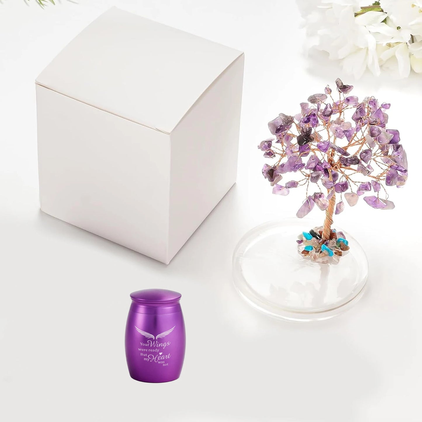 Small Urns for Ashes Keepsake Set of 2, Angel Wings Mini Urn for Human Pet Ashes with Amethyst Crystal Tree