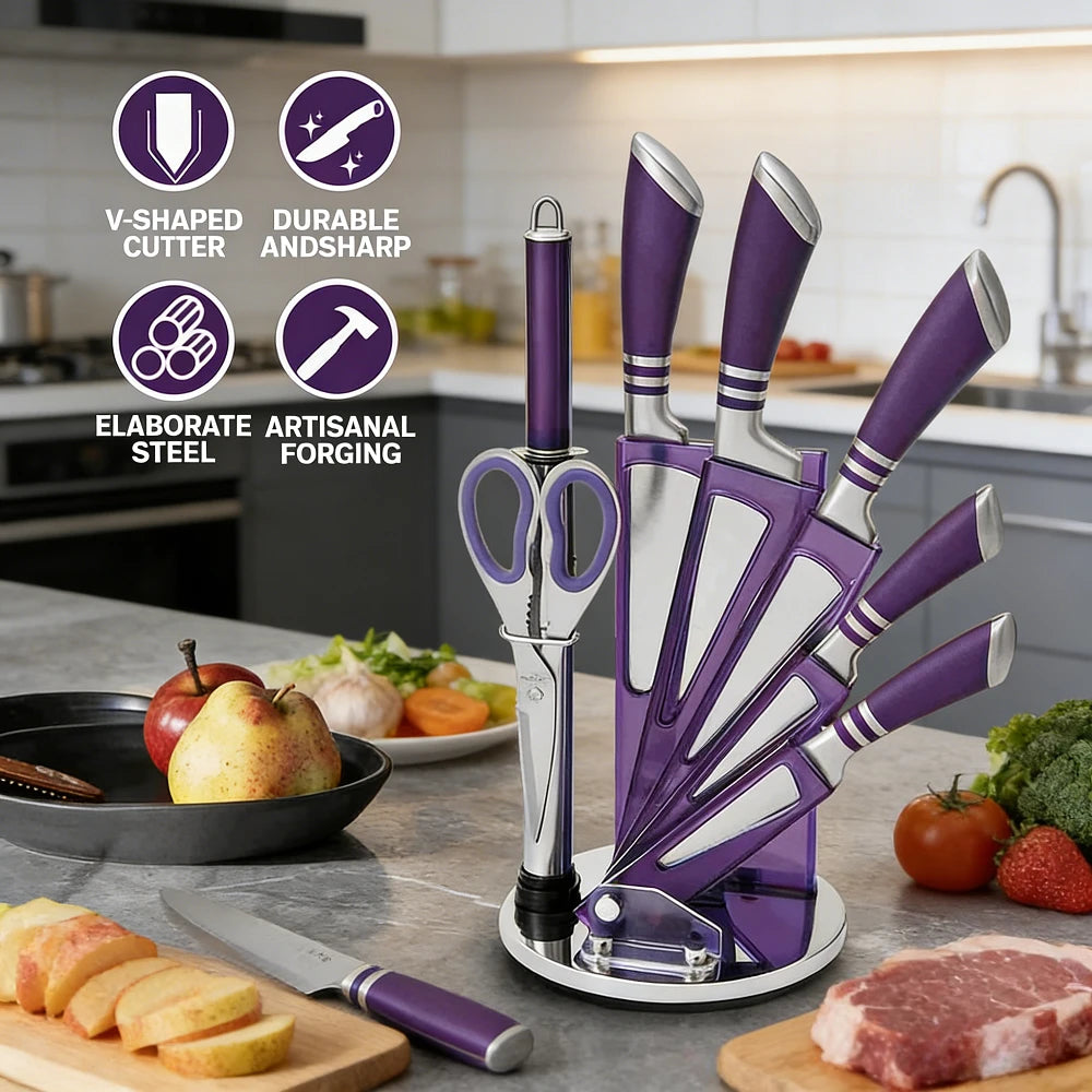 9-Piece Purple Kitchen Knife Set Sharp Wear-Resistant 3CR13 Stainless Steel Hollow Handle Ergonomic Chef Knife Set with Gift Box