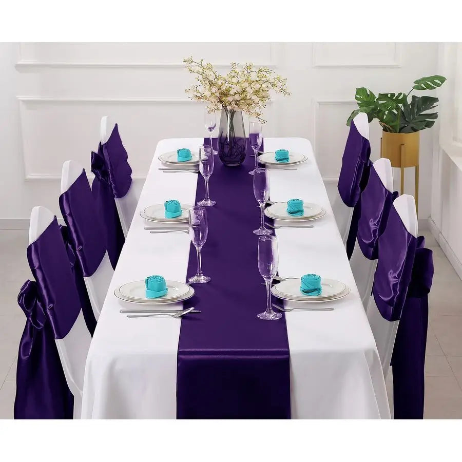 24 Pack Purple Satin Table Runner 12 x 108 Inch, Smooth Table Runners for Wedding Banquets Birthday Party