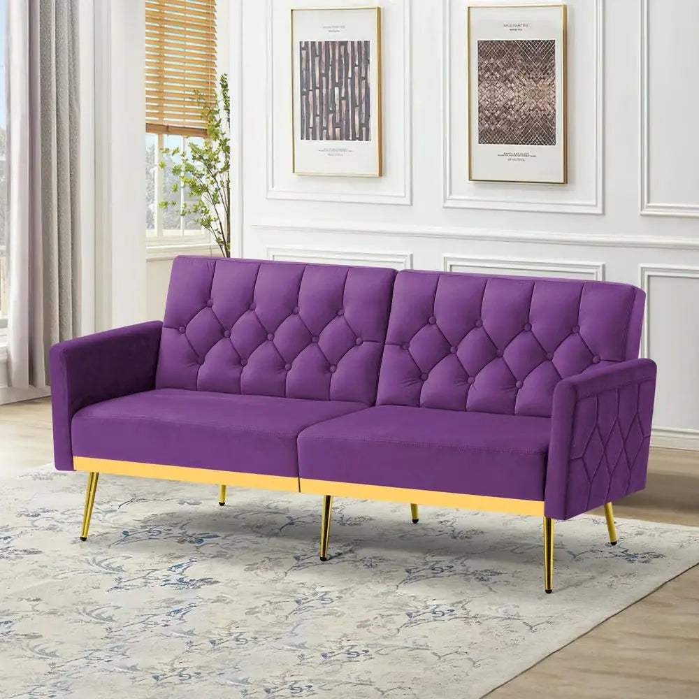 Sofa Bed w Adjustable Armrests and Backrests, Tufted Futon Sofa for Bedroom, Living Room, Apartment
