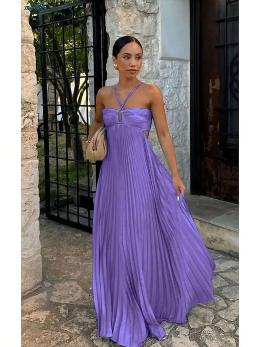 Women's Halter Neck Pleated Maxi Dress Flowy Backless Sundress for Beach Summer