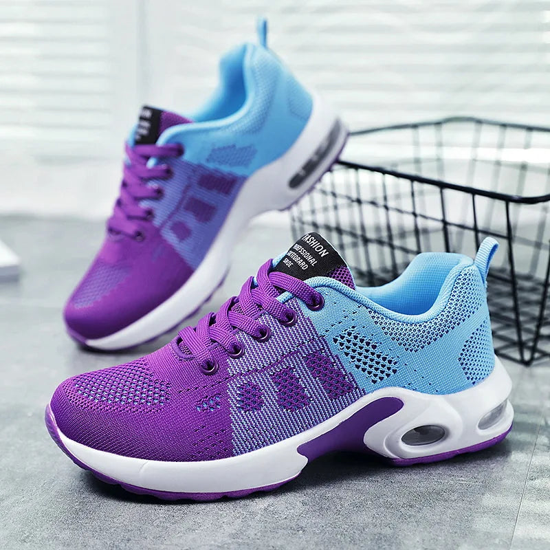 Women's Colorblock Purple Blue Air Cushion Sneakers, Breathable Mesh Lightweight Athletic Shoes