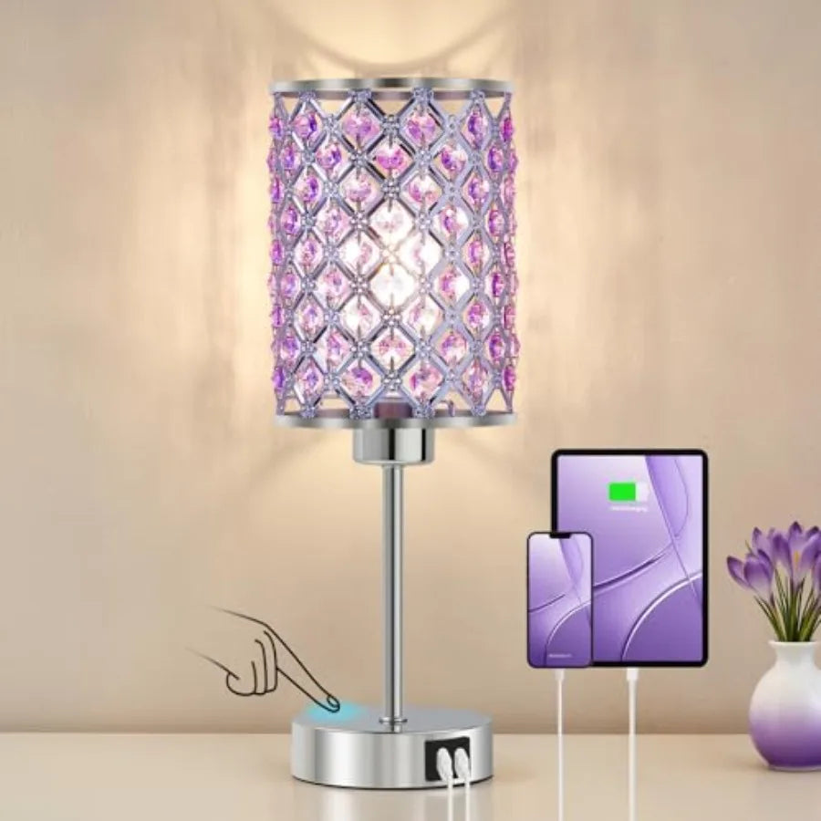 Purple Crystal Table Lamp with USB C+A Ports, Dimmable Touch Control with LED Bulb