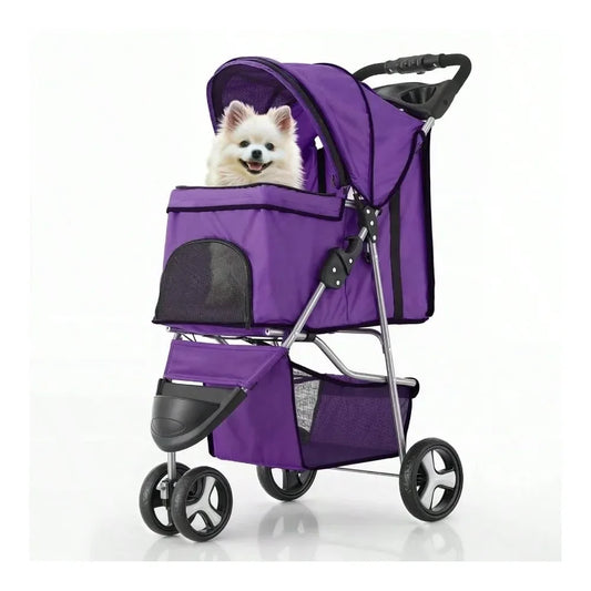 Dog Stroller With Weather Cover, 3 Wheels ,Storage Basket, & Cup Holder