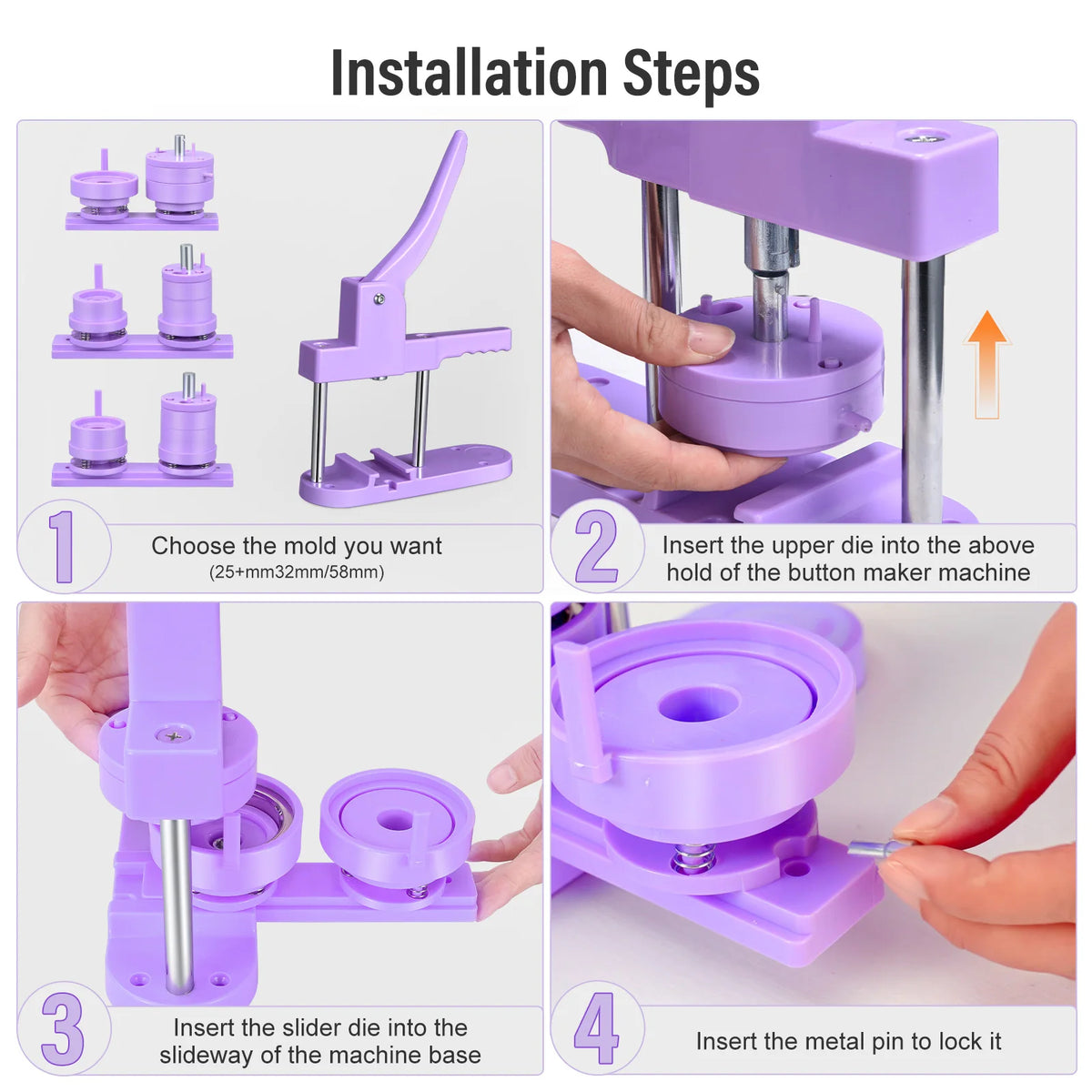 Purple Button Badge Maker Machine 25/32/58mm Button Pin Press Machine With Parts Supplies