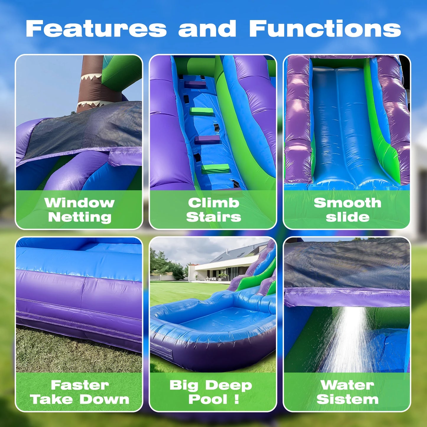 Inflatable Water Slide for Kids Vibrant Purple and Green Rainforest Design with Slip 'n Slide & Splash Pool