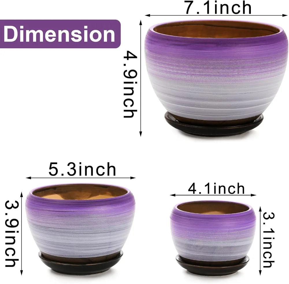 Set of 3 Ceramic Flower Pots, 7/5/4 inch, Purple Round Succulent Planter with Drainage Holes & Saucer, Indoor Outdoor