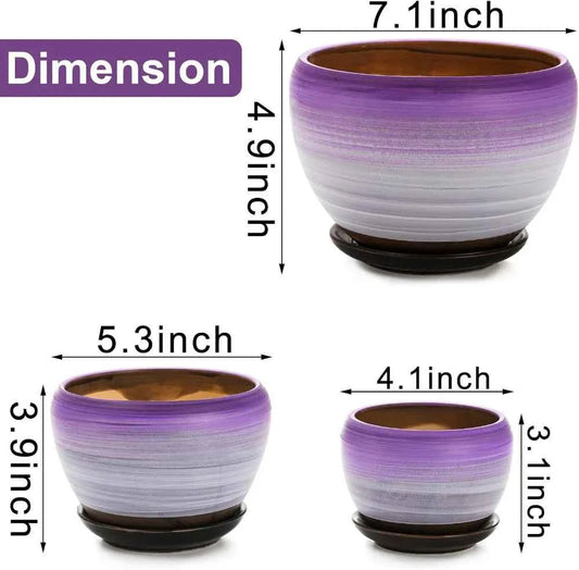 Set of 3 Ceramic Flower Pots, 7/5/4 inch, Purple Round Succulent Planter with Drainage Holes & Saucer, Indoor Outdoor