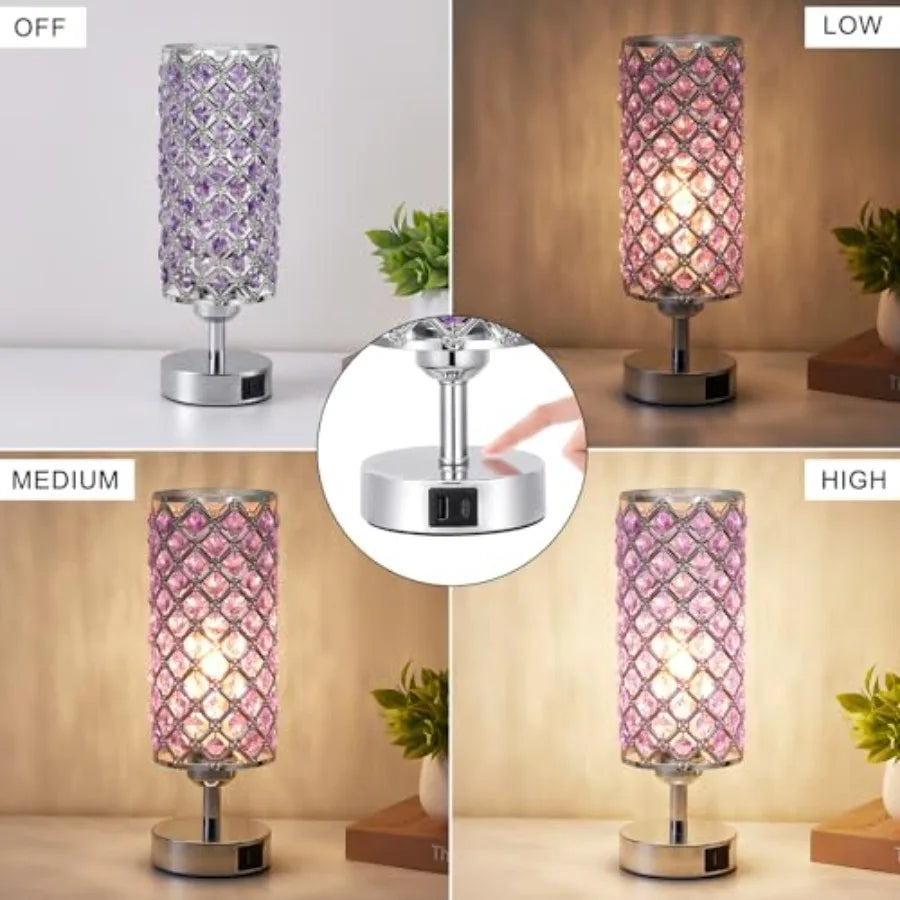 Crystal Touch Lamp with USB-C+A Ports, 3 Way Dimmable Bedside Light with Crystal Shade