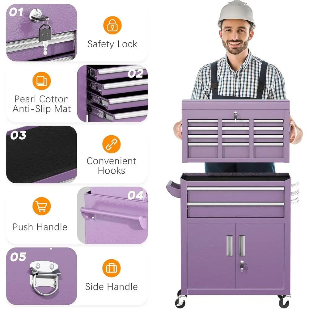 Portable 8-Drawer Tool Chest with Lockable Wheels, Detachable Top Box, Organizer for Workshop or Storage