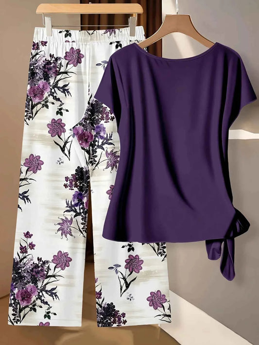 Women's purple floral straight loose trousers and matching short-sleeved top two-piece set