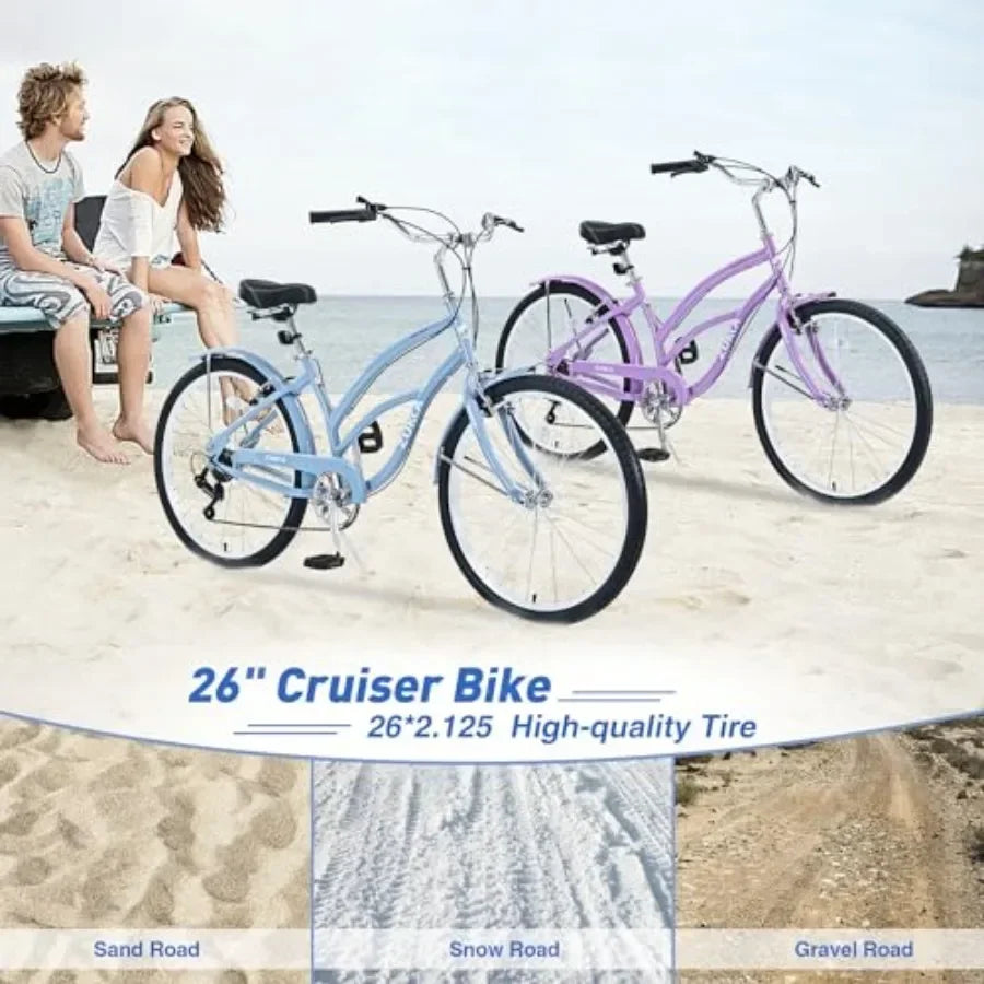 Beach cruiser bike, 26 inch, high carbon steel frame, 7-speed with dual V-brakes
