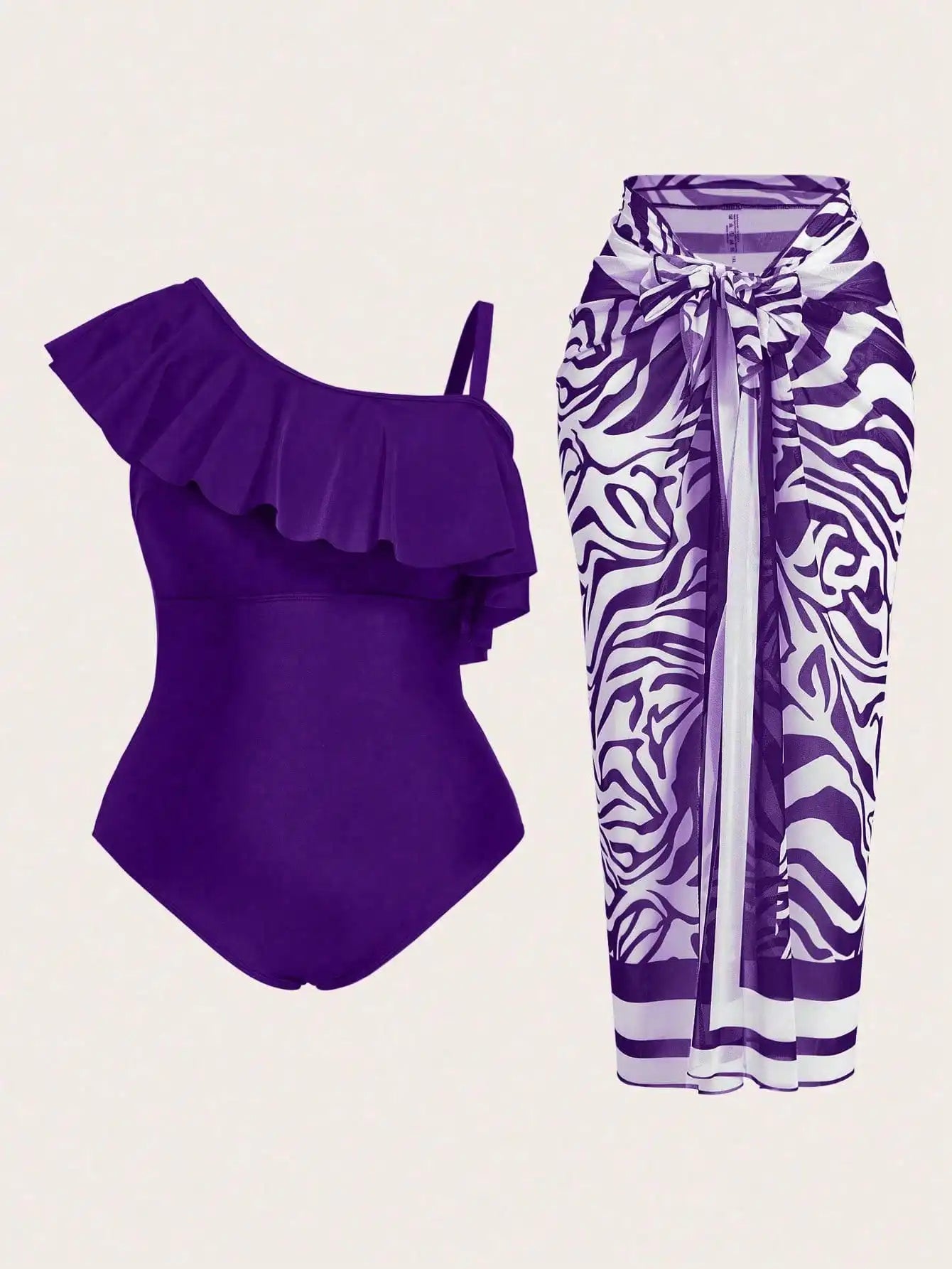 Plus Size Wome's Solid-Color Asymmetrical Ruffled One-Piece Swimsuit With Zebr-Print Wrap And Skirt Set