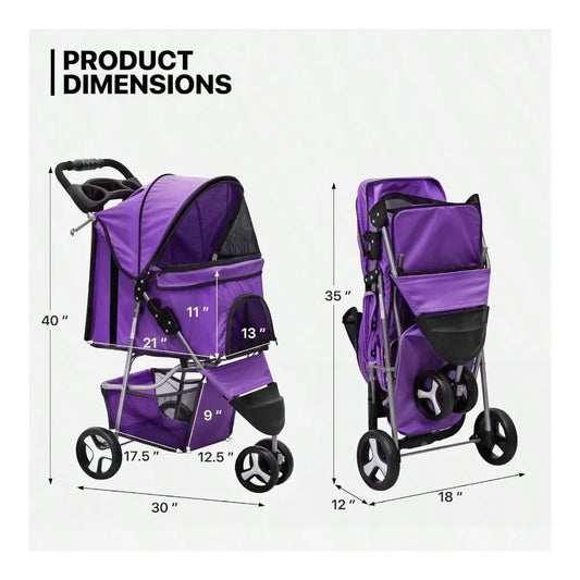 Dog Stroller With Weather Cover, 3 Wheels ,Storage Basket, & Cup Holder