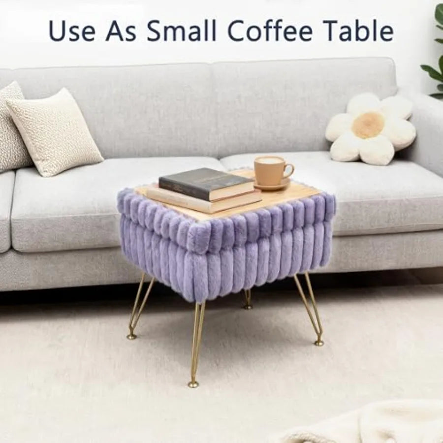 Vanity Stool Chair with Storage Faux Fur Soft Padded Ottoman