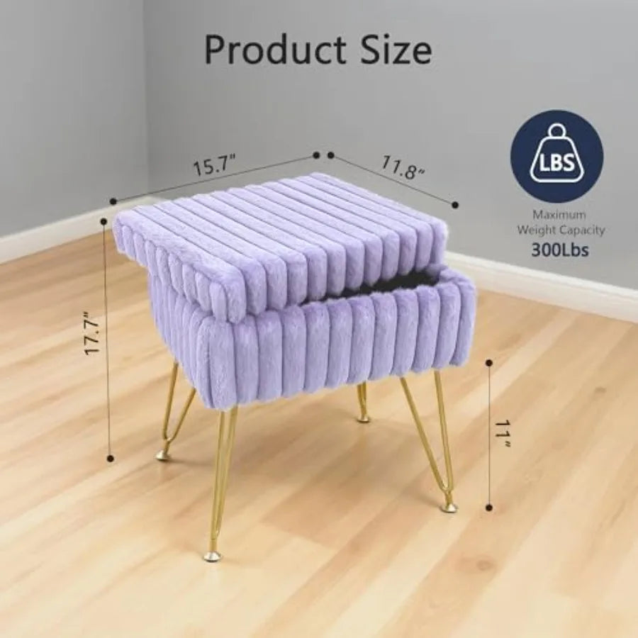 Vanity Stool Chair with Storage Faux Fur Soft Padded Ottoman