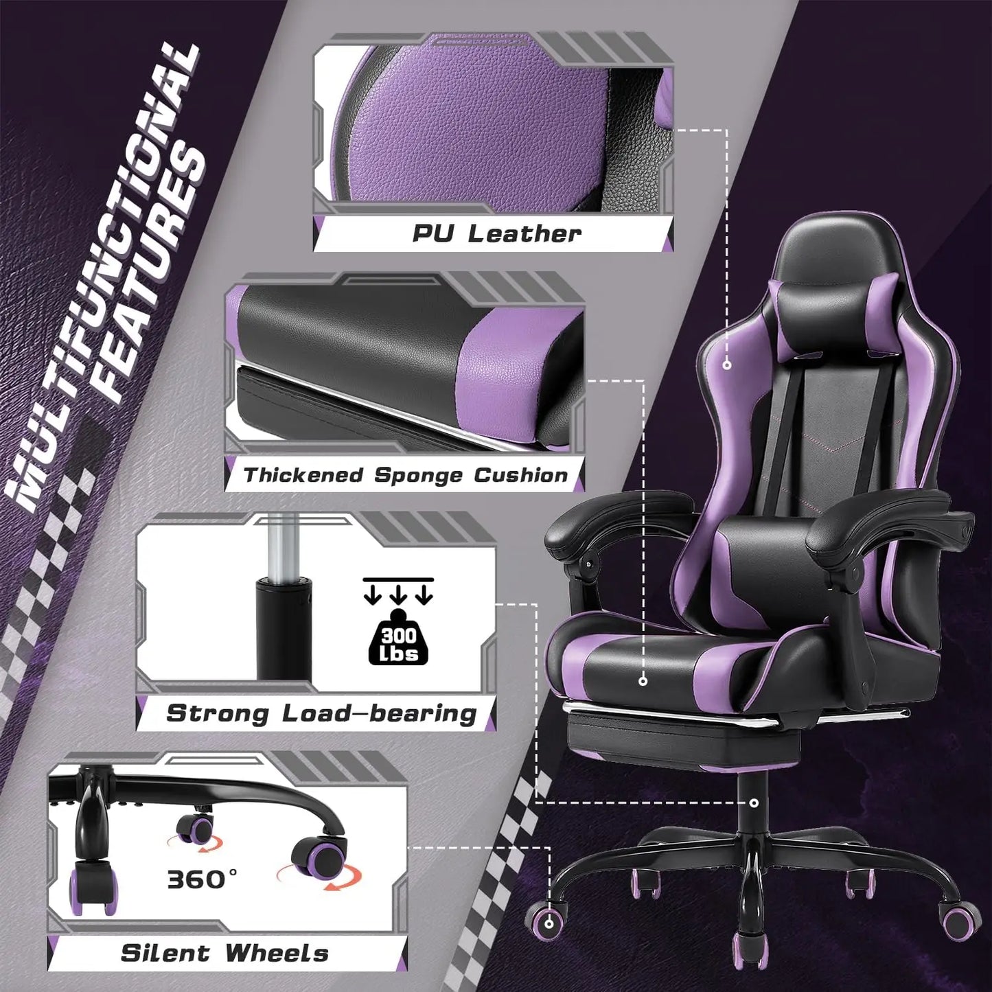Gaming Chair with Footrest and Massage Lumbar Support, Height Adjustable, 360° Swivel, Headrest