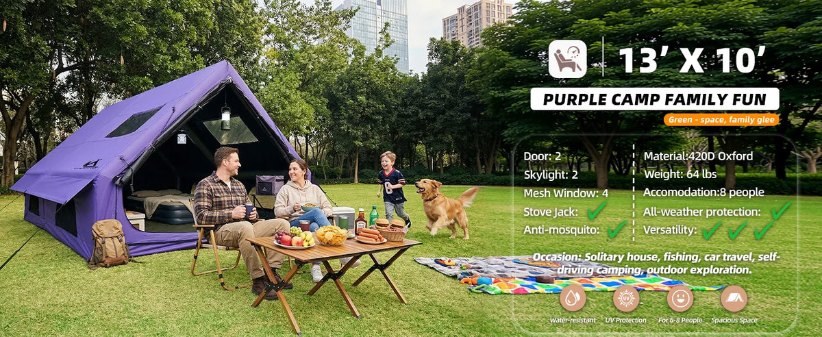 Inflatable Camping Tent, 6-8 Person, Sunproof Blow up Tent with Skylight & Mesh Window, with Stove Jack AC Vent