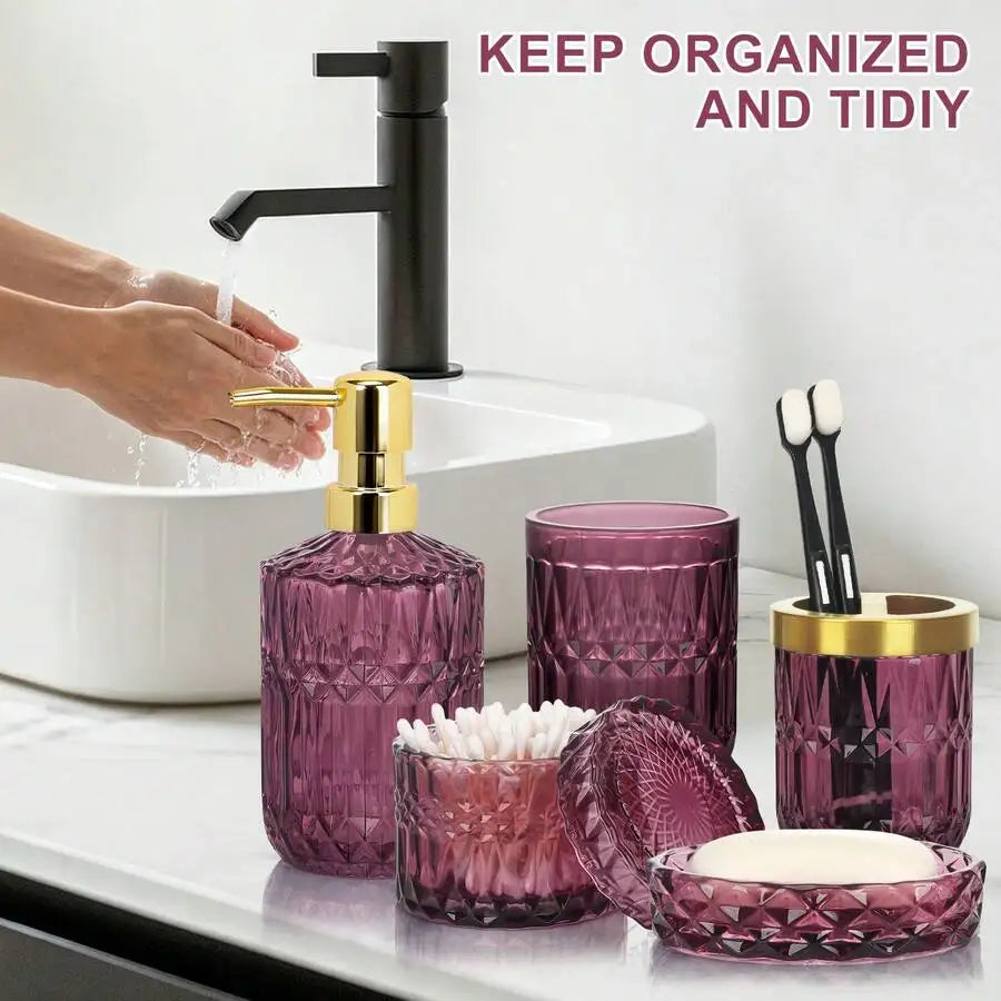 Luxury dark reddish purple glass bathroom 5-piece set: diamond-cut hand sanitizer bottle, mouthwash cup, toothbrush holder, cotton swab jar, soap dish. Nordic-style bathroom toiletry set