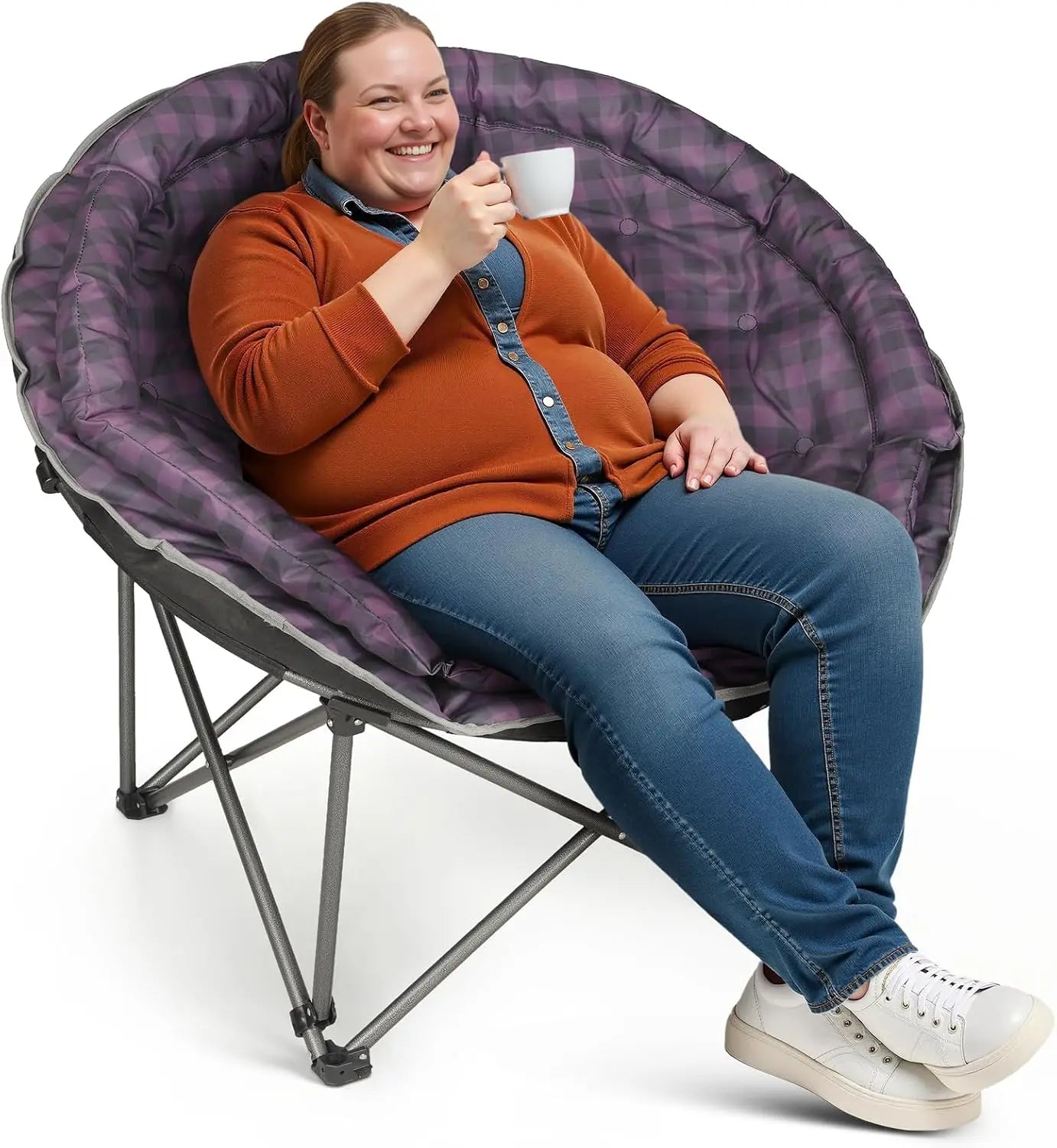 XXL Folding Moon Camp Chair, Heavy Duty 400lbs, Padded, Purple Plaid, Portable