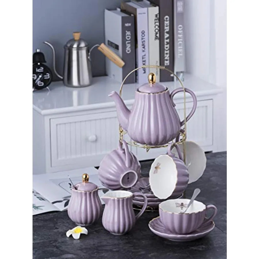 Fine China 8 OZ Coffee Cup/Teacup, Saucer, Spoons, Teapot, and Creamer Set 17-Piece Set