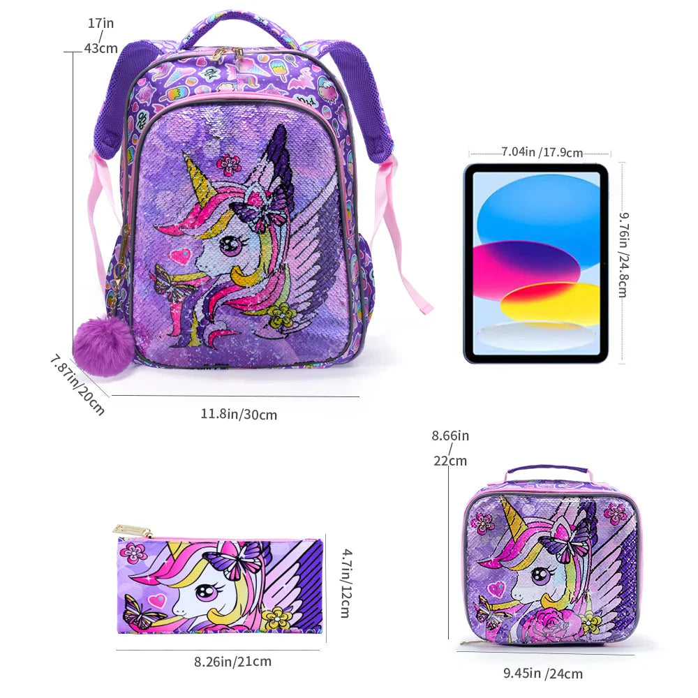3PCS Kids travel bag, Luggage Bag, Bookbag, With Lunch Box And Pen Bag, Cute Cartoon Purple Unicorn Sequin, Nighttime reflective