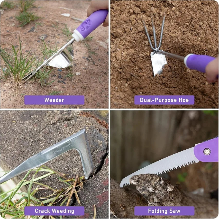 Purple Garden Tool Set, 11PCS Heavy Duty Gardening Tools with Detachable Storage Bag Includes Weeder and dual purpose hoe