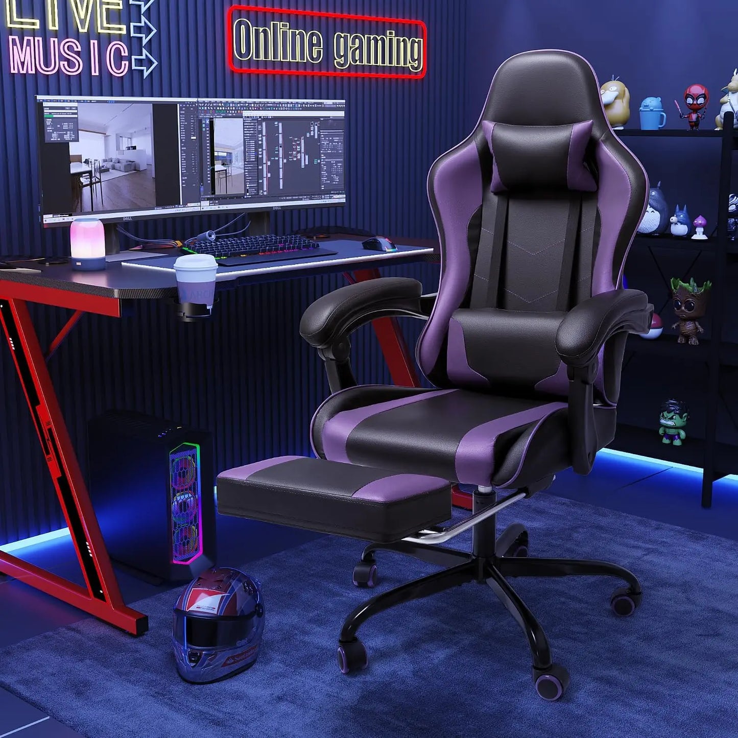 Gaming Chair with Footrest and Massage Lumbar Support, Height Adjustable, 360° Swivel, Headrest