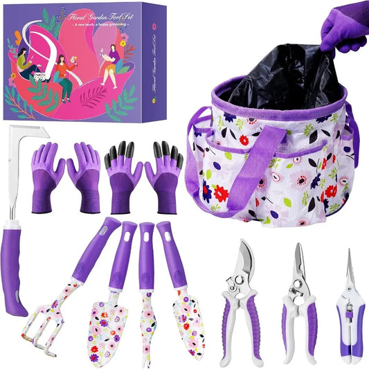 Floral Purple Garden Tool Set for Women: Heavy Duty Gardening Tools Kit with Pruning Shears and Storage Tote Bucket Bag Organizer