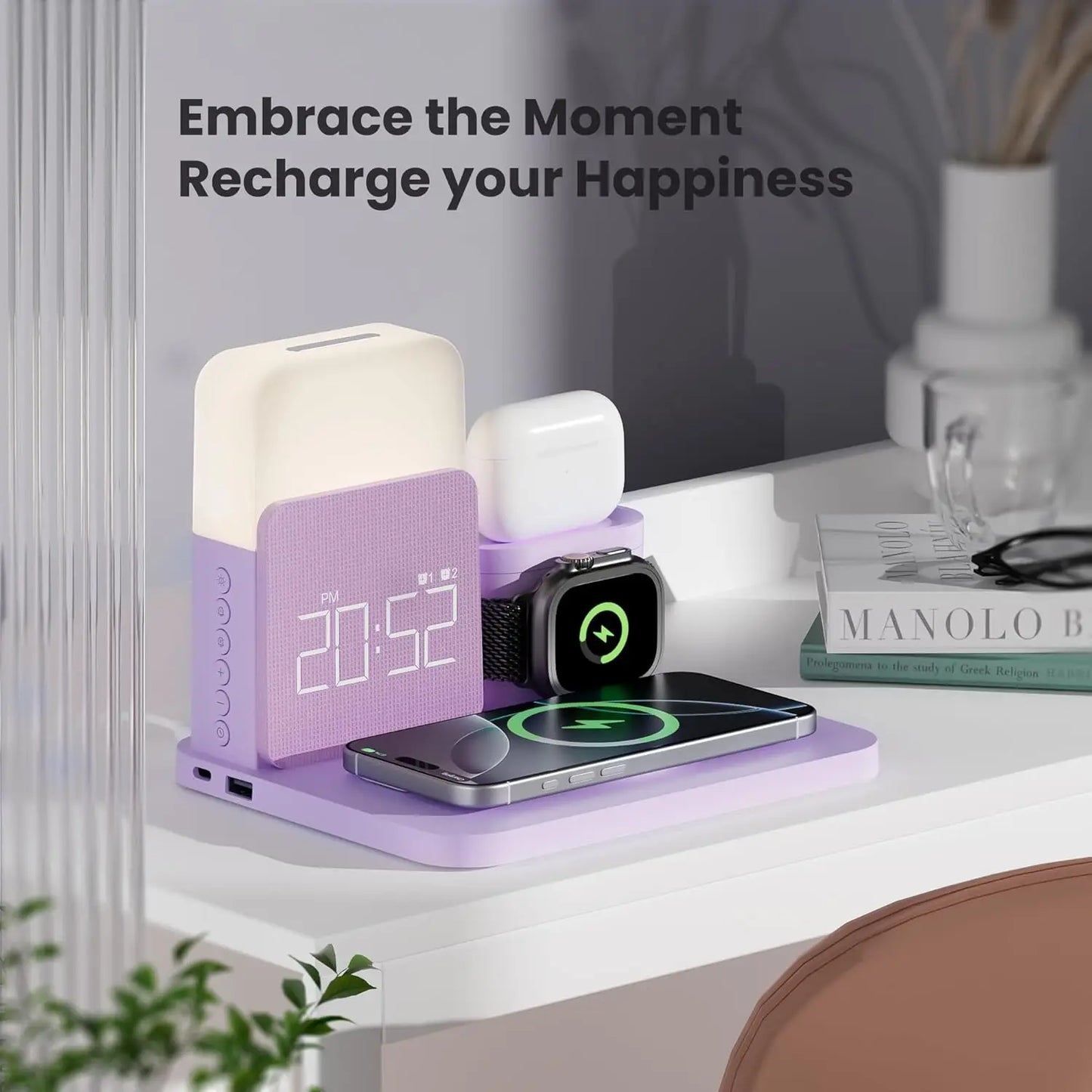 7-in-1 Wireless Charging Station with Dual Alarm Clock & Night Light for Phones and Smartwatches