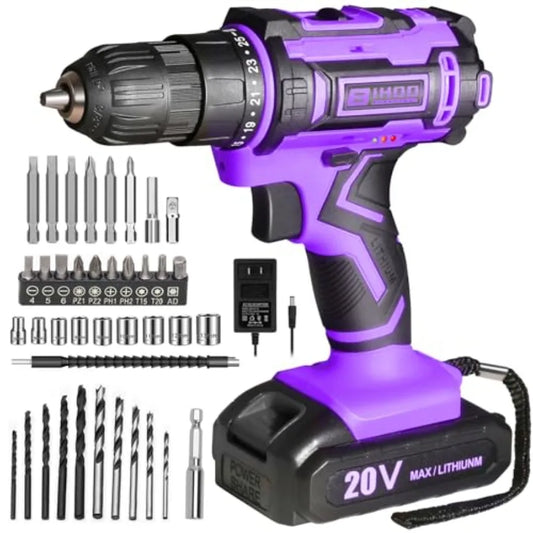 Purple Cordless Drill Set20V Drill Driver with Battery and Charger 3/8-Inch Keyless Chuck Variable Speed with Drills Bits Set