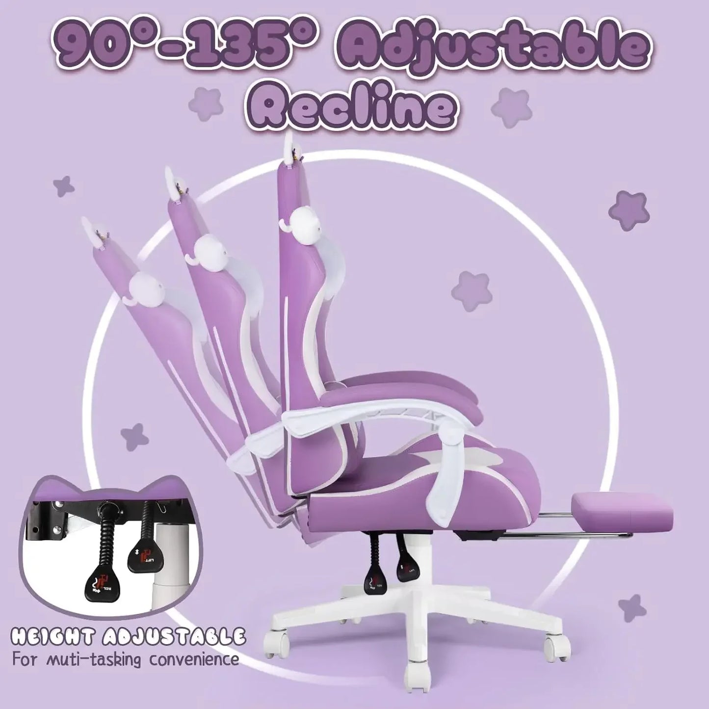 Gaming Chair Cute with Cat Ears,Ergonomic Computer Chair for Girl with Footrest and Headrest,Comfortable Reclining