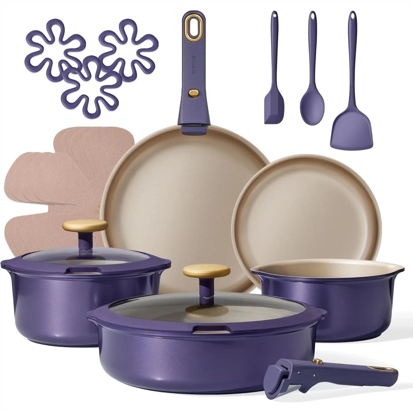 19 Piece Nonstick Cookware Set with Detachable Handle, Purple, Induction Compatible