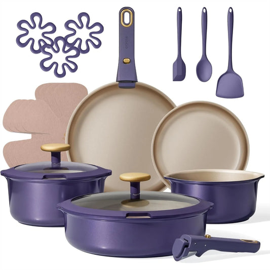 19 Piece Nonstick Cookware Set with Detachable Handle, Purple, Induction Compatible