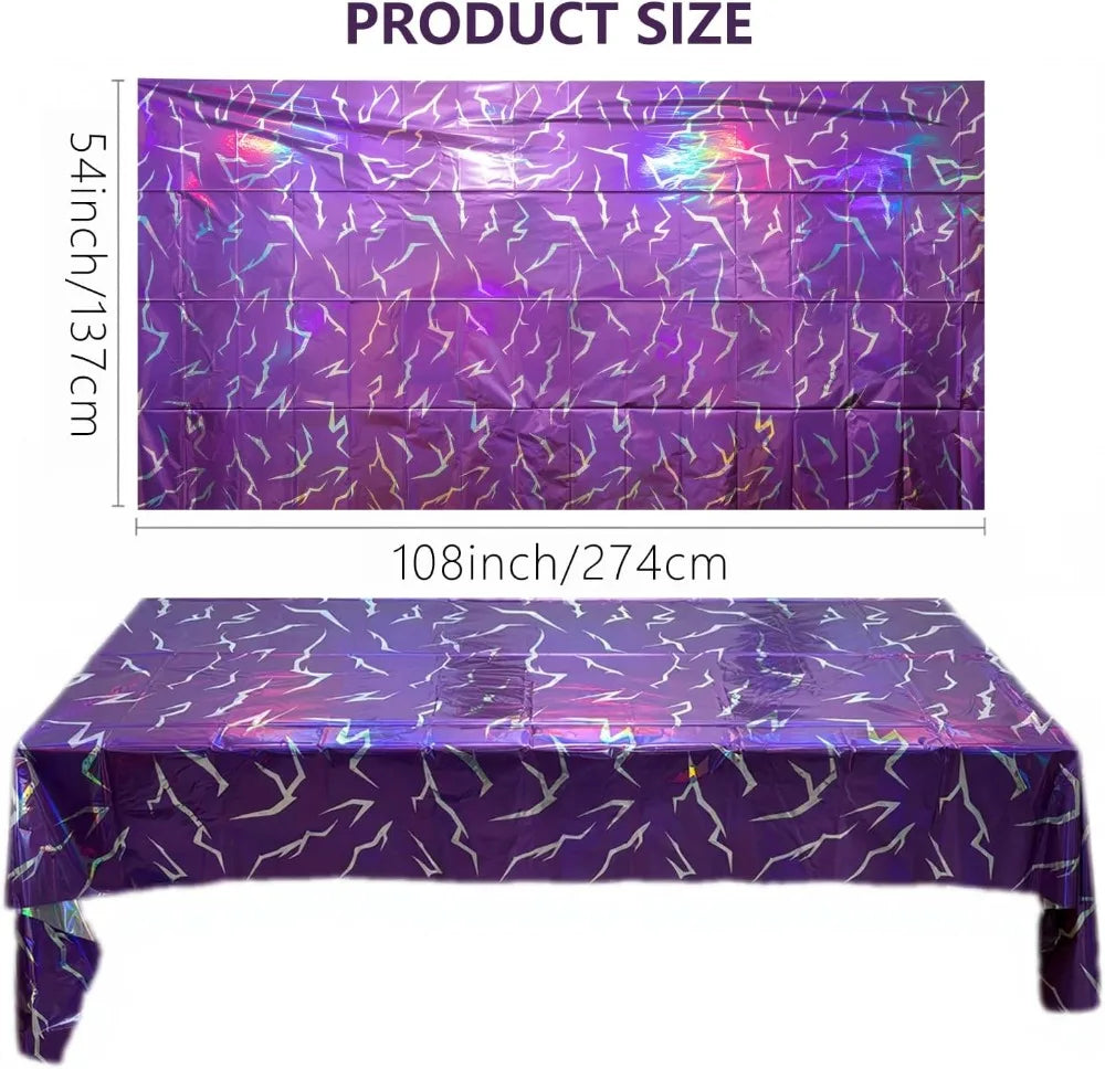 Iridescent Holographic Laser Tablecloth 2 Pack, Purple Lightning Pattern  54x108 Inch
