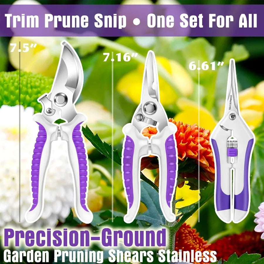 Floral Purple Garden Tool Set for Women: Heavy Duty Gardening Tools Kit with Pruning Shears and Storage Tote Bucket Bag Organizer