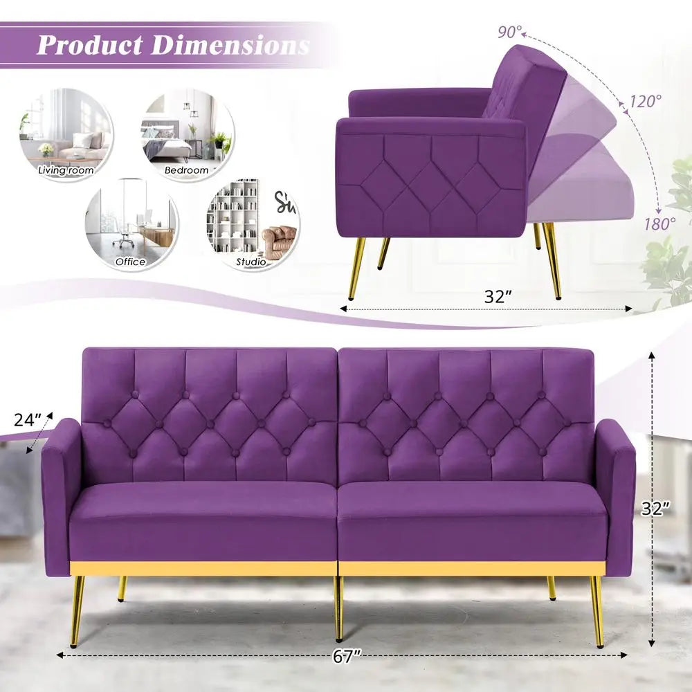Sofa Bed w Adjustable Armrests and Backrests, Tufted Futon Sofa for Bedroom, Living Room, Apartment