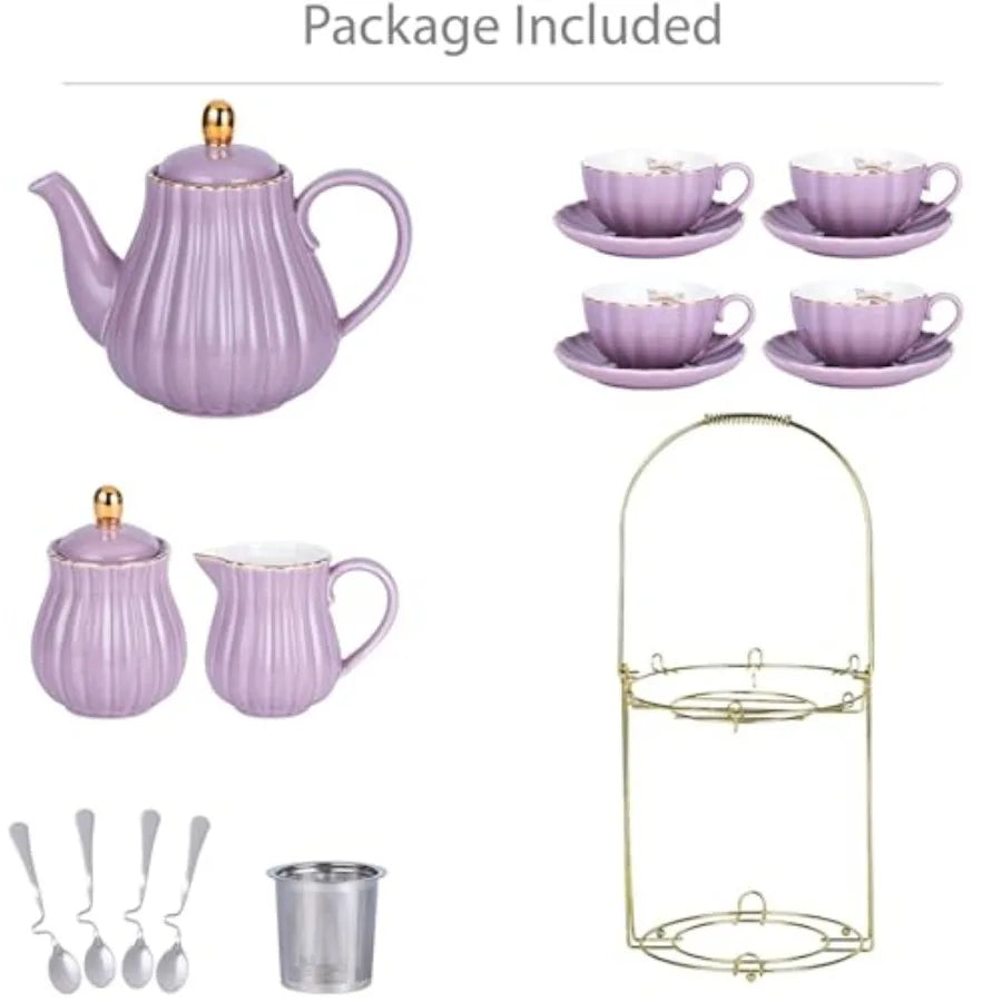 Fine China 8 OZ Coffee Cup/Teacup, Saucer, Spoons, Teapot, and Creamer Set 17-Piece Set
