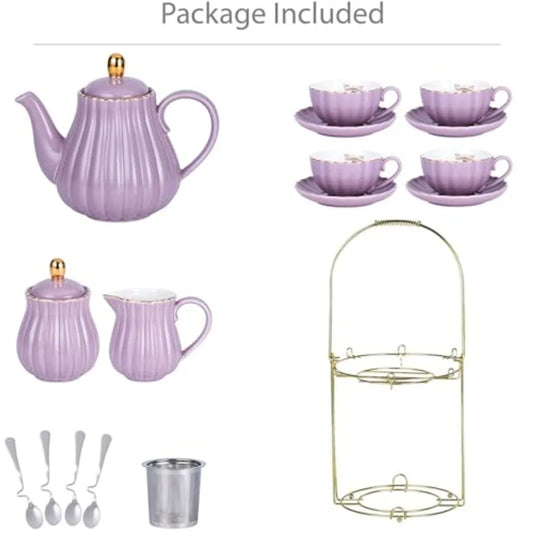 Fine China 8 OZ Coffee Cup/Teacup, Saucer, Spoons, Teapot, and Creamer Set 17-Piece Set