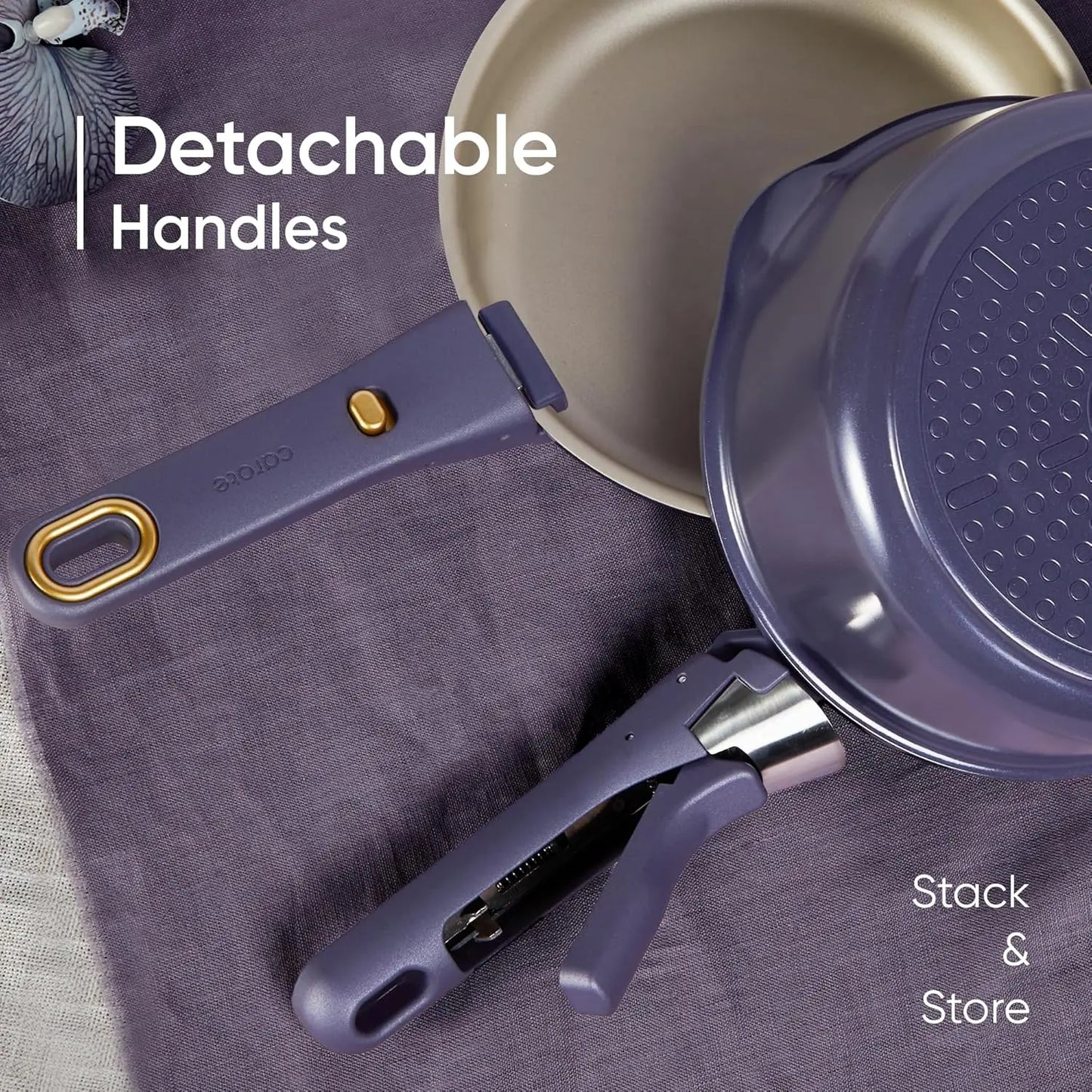 19 Piece Nonstick Cookware Set with Detachable Handle, Purple, Induction Compatible