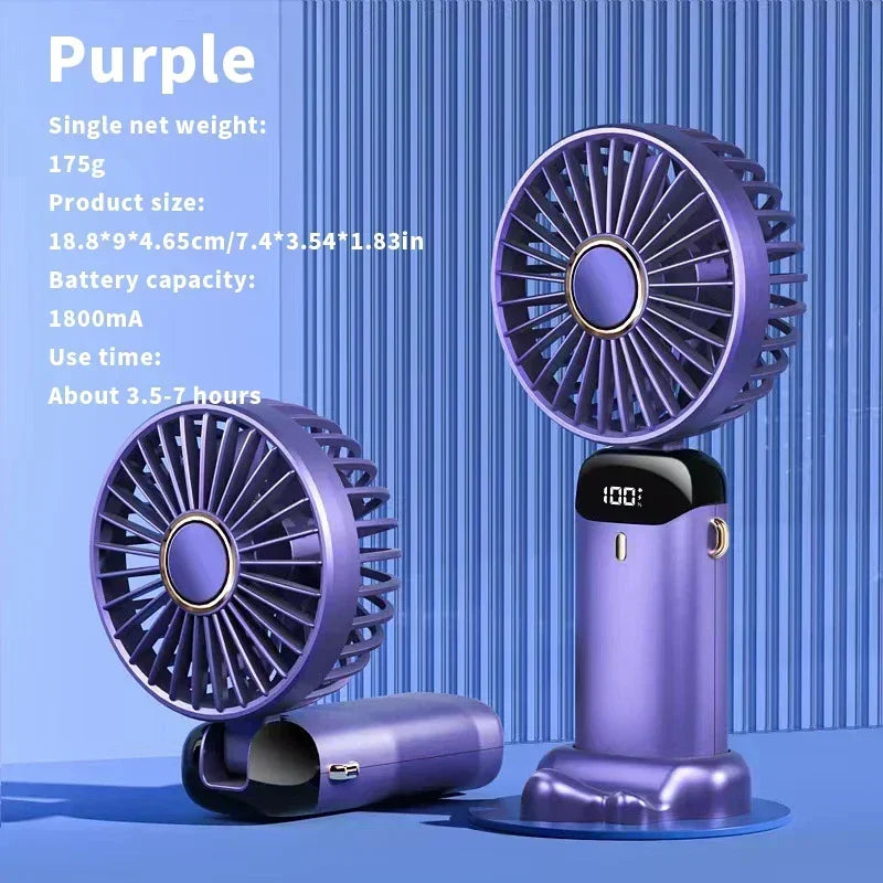 Folding Fan with Phone Stand, 5-Speed USB-C Rechargeable, LED Display Handheld & Desk Fan, Portable