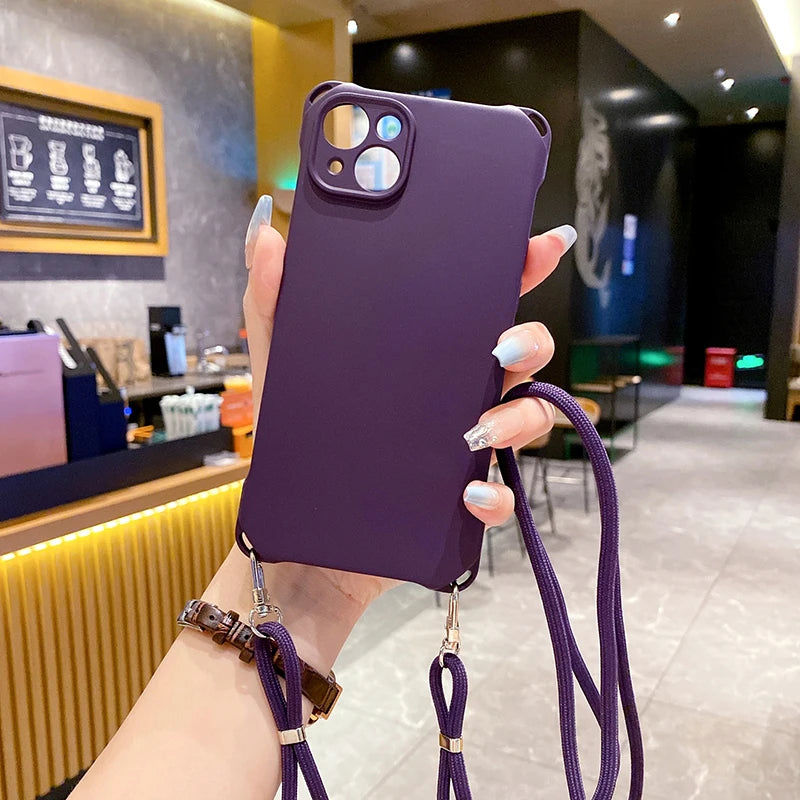 Liquid Silicon Soft Phone Case For Iphone 15 Pro Max 14 13 12 11 Pro Max X XS Max XR 8 7 Plus Lanyard Cord Back Cover