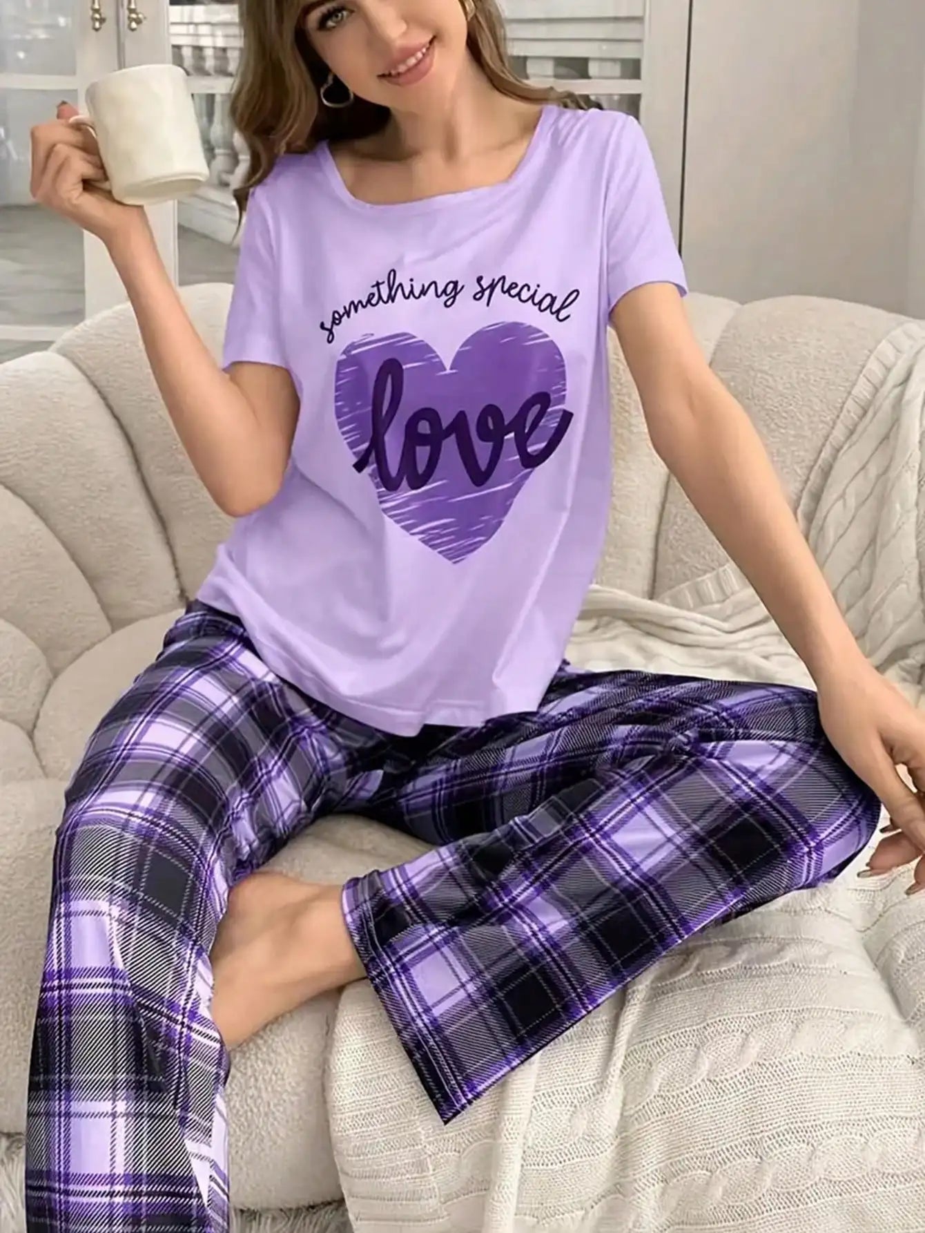 Purple Plaid Lounge Set with Heart Graphic Top for Women