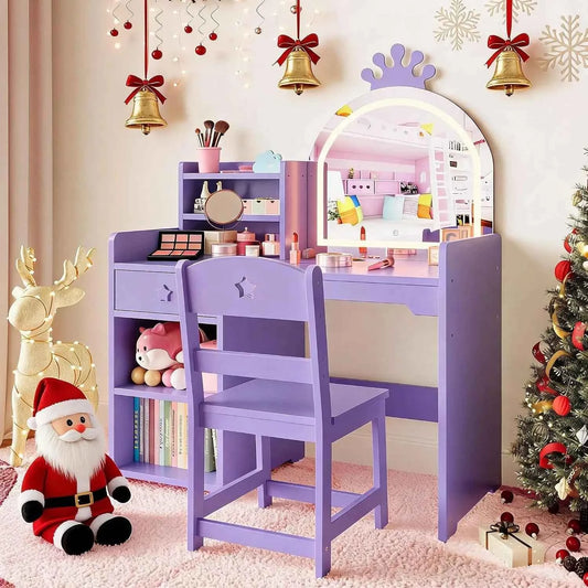 Purple Princess Kids Vanity Set Lighted Mirror Stool Storage Cabinet Shelves - Purpleobsessions
