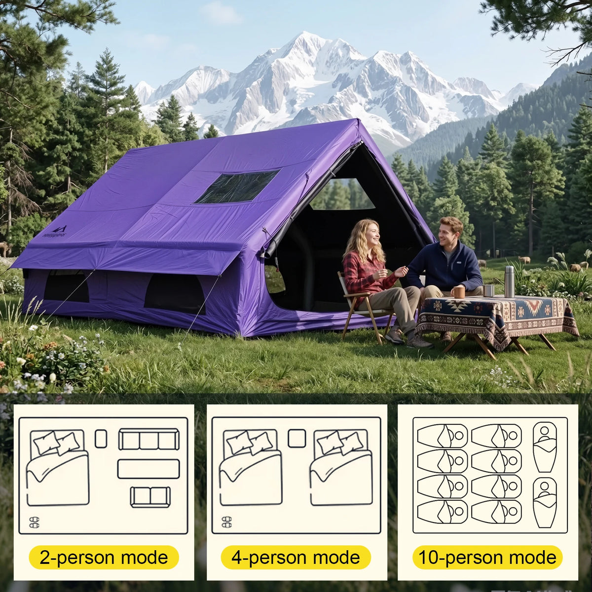 Inflatable Camping Tent, 6-8 Person, Sunproof Blow up Tent with Skylight & Mesh Window, with Stove Jack AC Vent