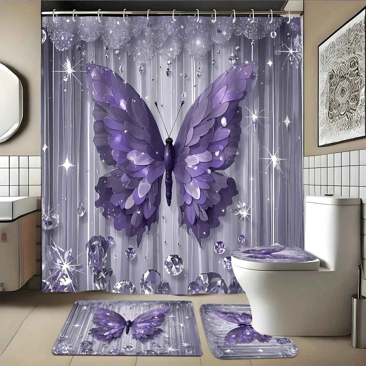 4pcs Set - Fashion Diamond Purple Butterfly Shower Curtain Set,