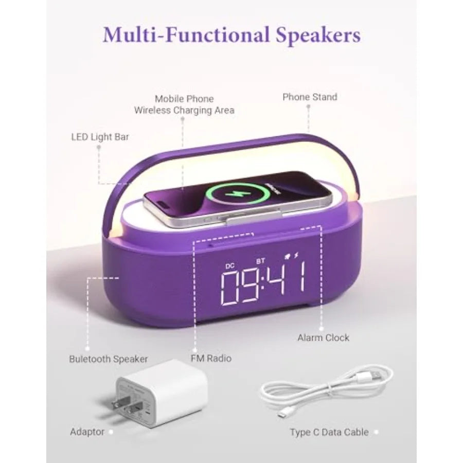 Bluetooth Speaker Alarm Clock with Wireless Charger FM Radio Adjustable LED Night Light