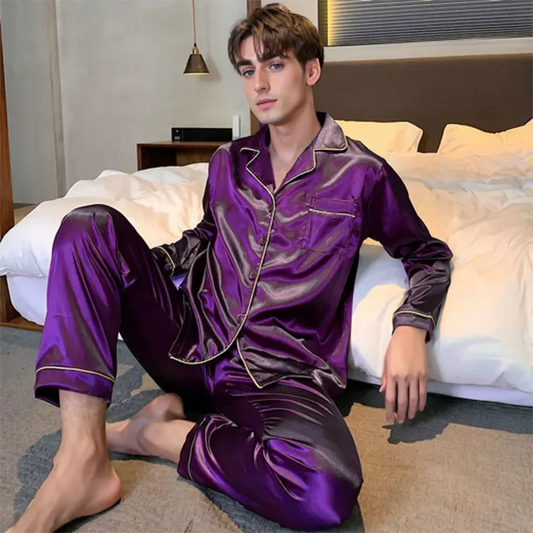 Men's Winter Silk Satin Pajama Set, Long Sleeve Sleepwear Loungewear, Plus Size Comfortable Nightwear for Men